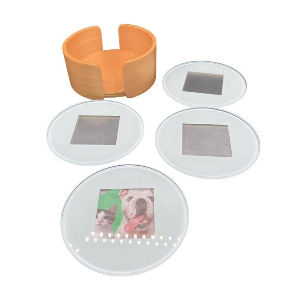 Swing Coaster Set Photo Glass Cherry Wood Holder Family Pictures Gift Exchange - Picture 3 of 7